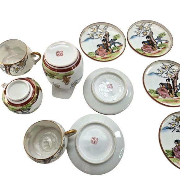 Antique Japanese Kutani Porcelain Tea Set Hand-Painted Geisha Floral Motif je105 - Picture 11 of 12